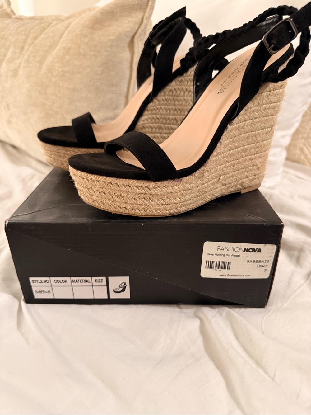 Fashion Nova Black Braided Espadrille Wedge Sandals with Ankle Strap